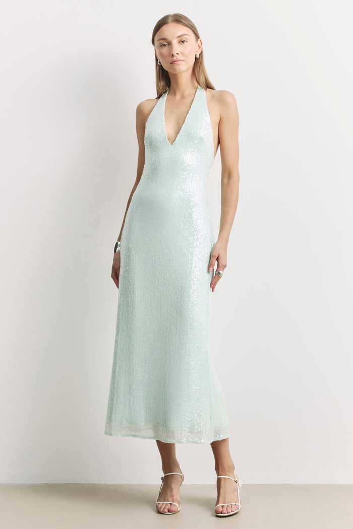Sequin V Neck Plunge Midi Dress - Mint