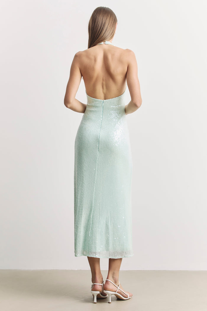 Sequin V Neck Plunge Midi Dress - Mint