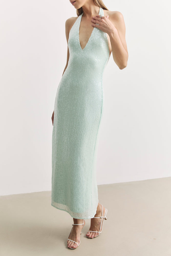 Sequin V Neck Plunge Midi Dress - Mint