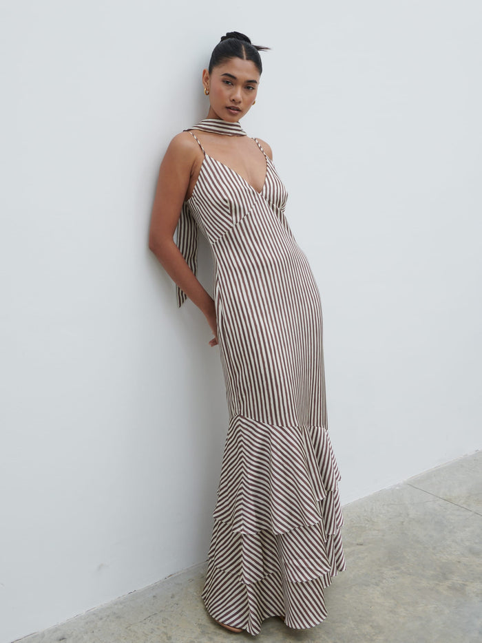 Veronica is 5'8" & Wears Size UK 6|Serita V Neck Tiered Maxi Dress - Brown and Cream Stripe