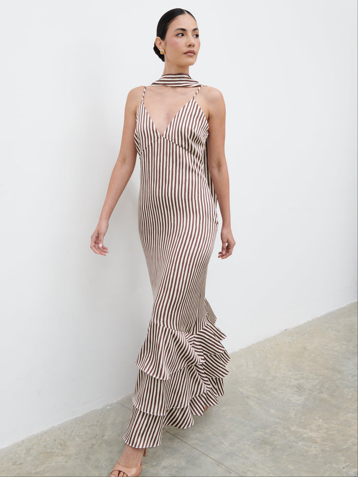 Veronica is 5'8" & Wears Size UK 6|Serita V Neck Tiered Maxi Dress - Brown and Cream Stripe