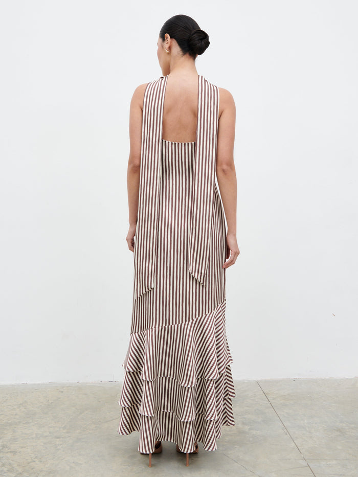Veronica is 5'8" & Wears Size UK 6|Serita V Neck Tiered Maxi Dress - Brown and Cream Stripe