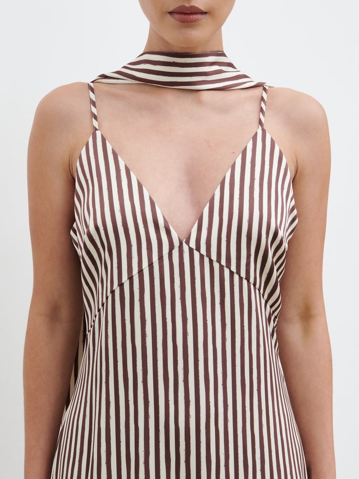 Veronica is 5'8" & Wears Size UK 6|Serita V Neck Tiered Maxi Dress - Brown and Cream Stripe