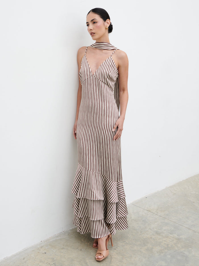 Veronica is 5'8" & Wears Size UK 6|Serita V Neck Tiered Maxi Dress - Brown and Cream Stripe