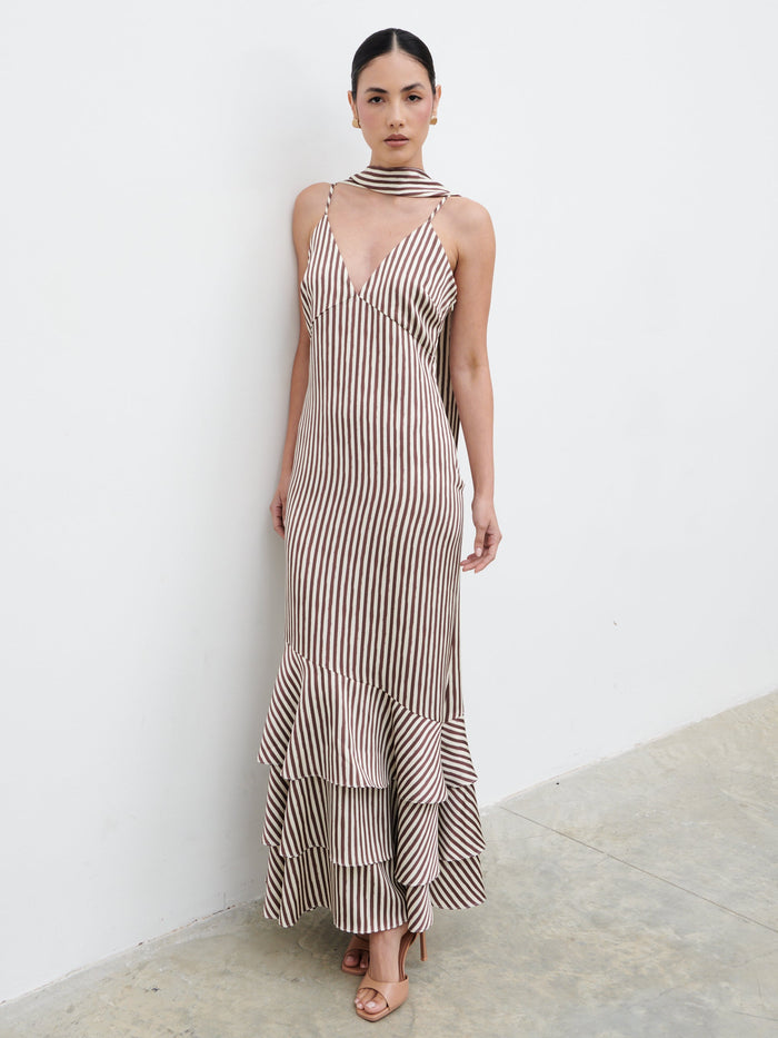 Veronica is 5'8" & Wears Size UK 6|Serita V Neck Tiered Maxi Dress - Brown and Cream Stripe