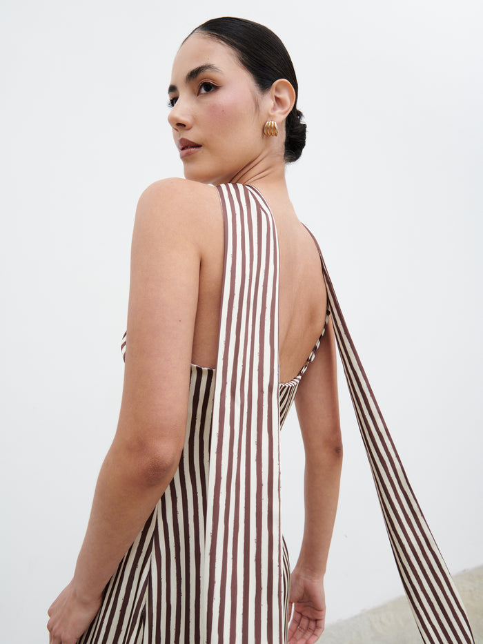 Veronica is 5'8" & Wears Size UK 6|Serita V Neck Tiered Maxi Dress - Brown and Cream Stripe