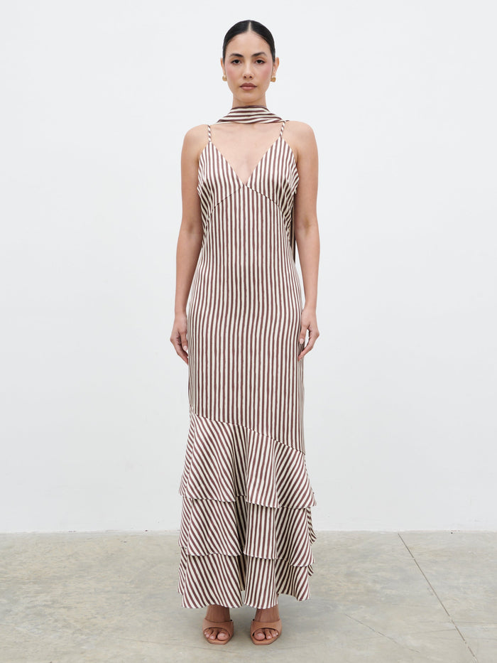 Veronica is 5'8" & Wears Size UK 6|Serita V Neck Tiered Maxi Dress - Brown and Cream Stripe
