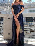 Sexy Blue Off the Soulder Side slit A-line Long Prom Dress, PD3582