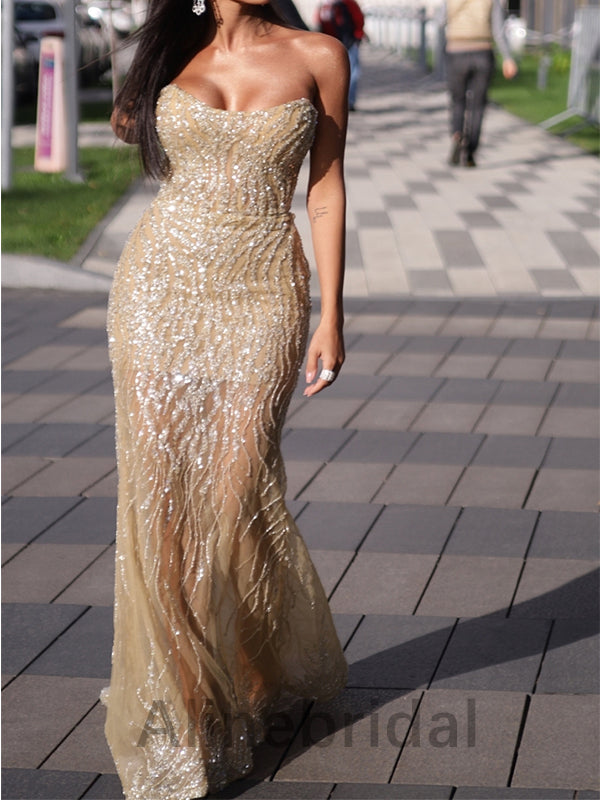 Sexy Champagne Gold Strapless Sheath Long Prom Dress, PD3602