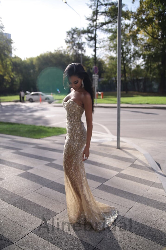 Sexy Champagne Gold Strapless Sheath Long Prom Dress, PD3602