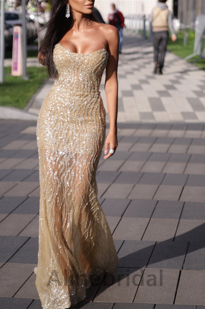 Sexy Champagne Gold Strapless Sheath Long Prom Dress, PD3602