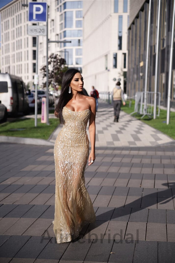 Sexy Champagne Gold Strapless Sheath Long Prom Dress, PD3602