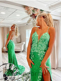 Sexy Green V-neck Sleeveless Mermaid Long Prom Dress with Slit, PD3571