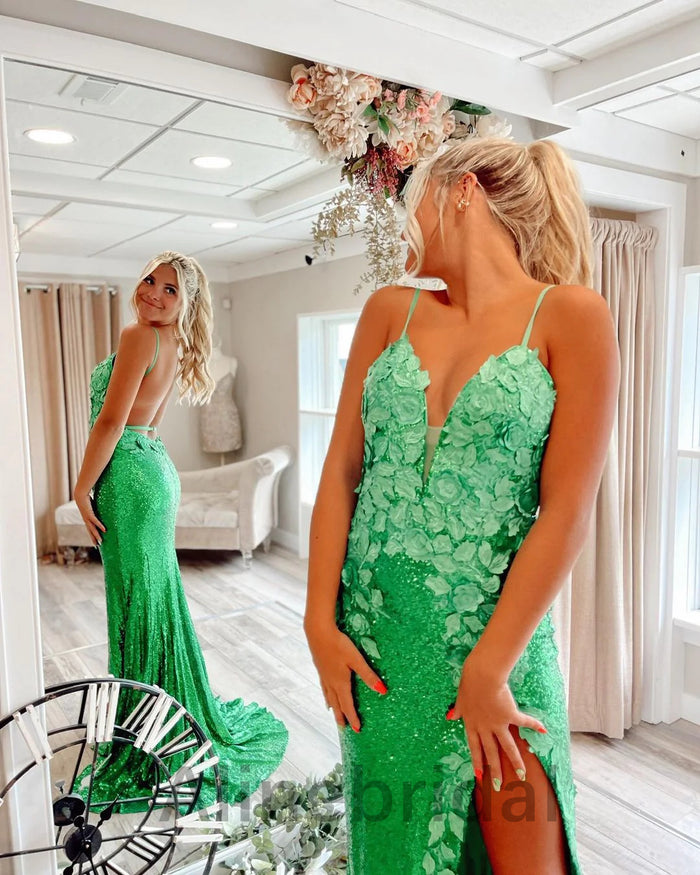 Sexy Green V-neck Sleeveless Mermaid Long Prom Dress with Slit, PD3571