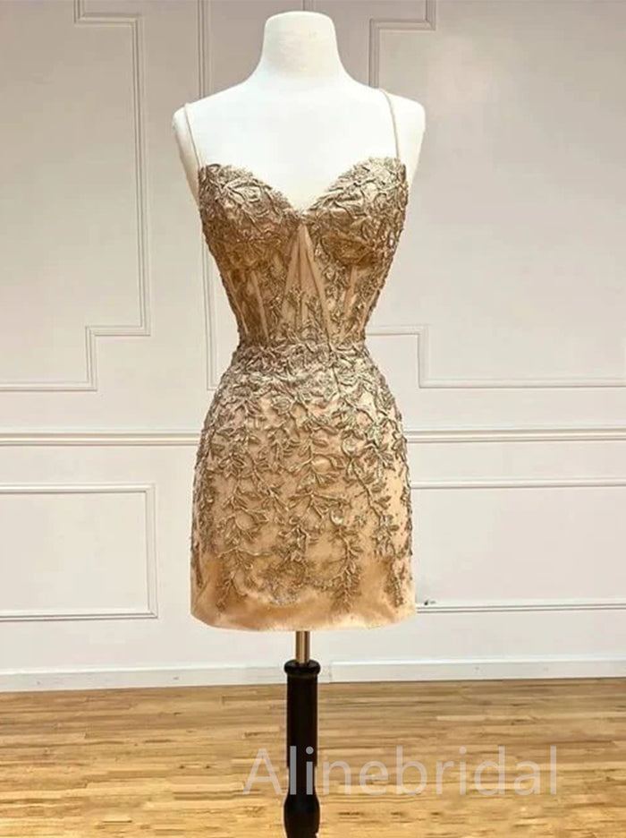 Sexy Nude Champagne Lace Appliques Backless Corset Homecoming Dress, HD3099