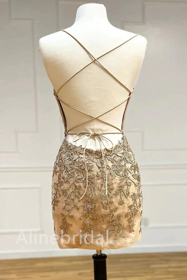 Sexy Nude Champagne Lace Appliques Backless Corset Homecoming Dress, HD3099