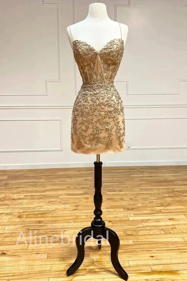 Sexy Nude Champagne Lace Appliques Backless Corset Homecoming Dress, HD3099