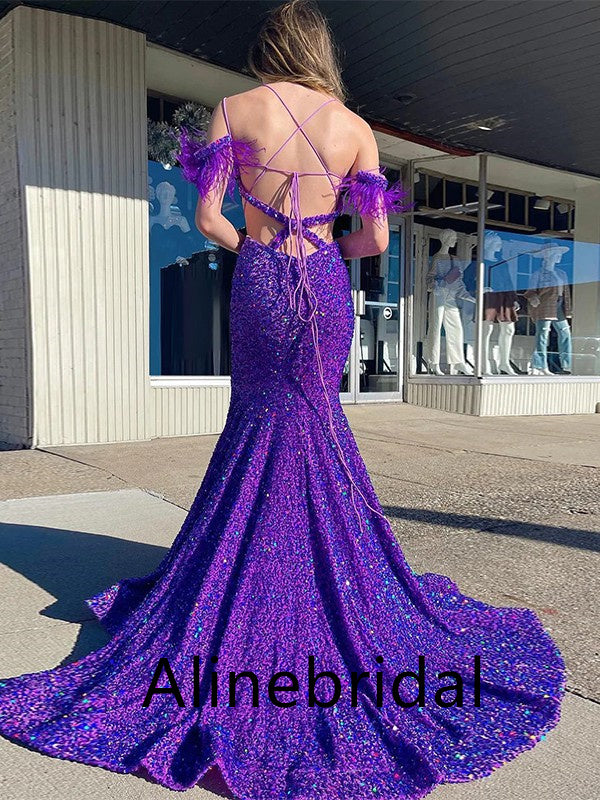 Sexy Purple Sequins Off the Shoulder Cut Out Long Prom Dress, PD3541