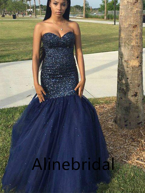 Sexy Strapless Blue Mermaid Long Prom Dress with Tulle Train, PD3561
