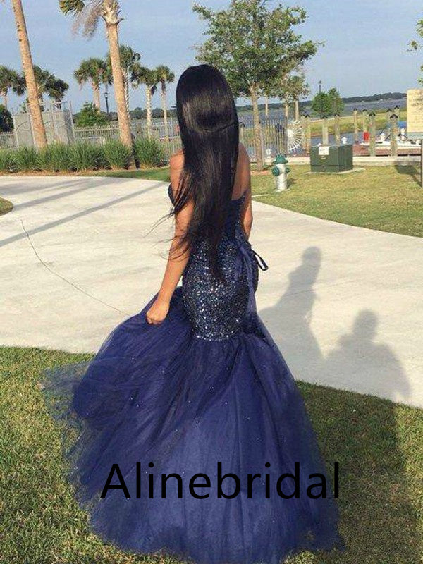 Sexy Strapless Blue Mermaid Long Prom Dress with Tulle Train, PD3561