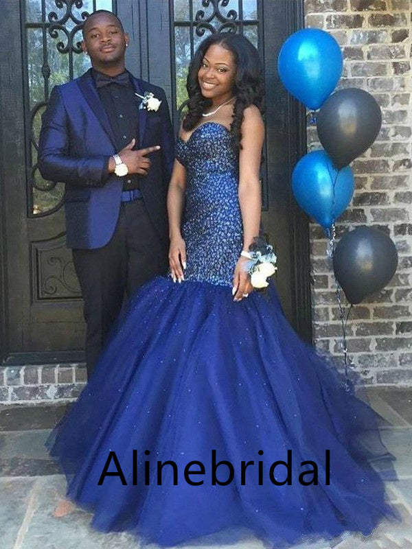 Sexy Strapless Blue Mermaid Long Prom Dress with Tulle Train, PD3561