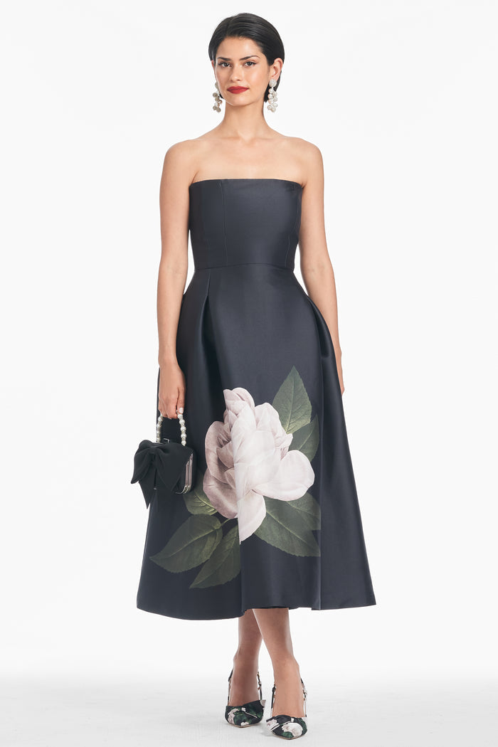 SHAY BLACK FLORAL MIKADO FIT AND FLARE DRESS