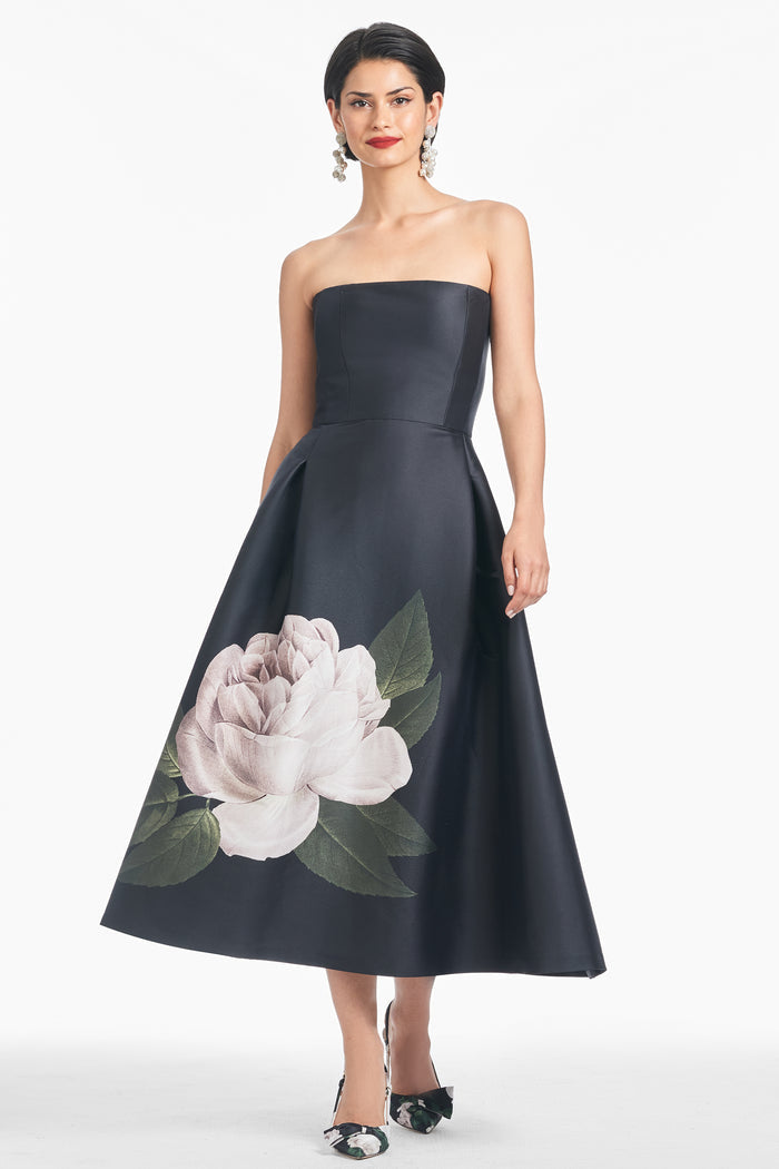 SHAY BLACK FLORAL MIKADO FIT AND FLARE DRESS