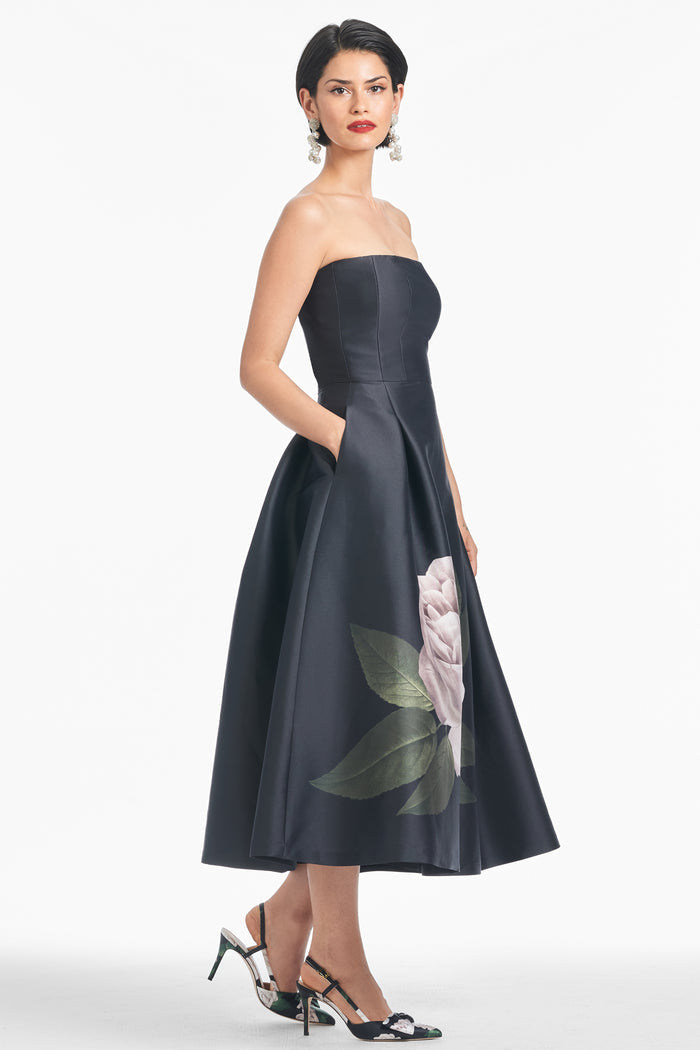SHAY BLACK FLORAL MIKADO FIT AND FLARE DRESS