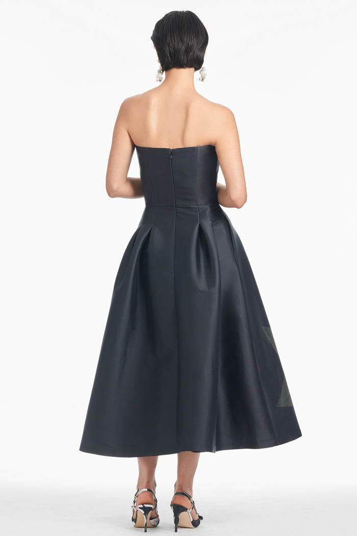 SHAY BLACK FLORAL MIKADO FIT AND FLARE DRESS