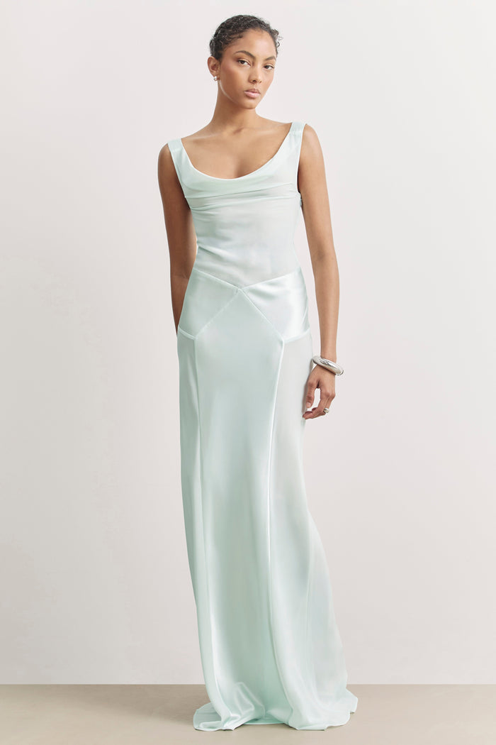 Sheer Chiffon Cowl Neck Satin Panel Gown - Mint
