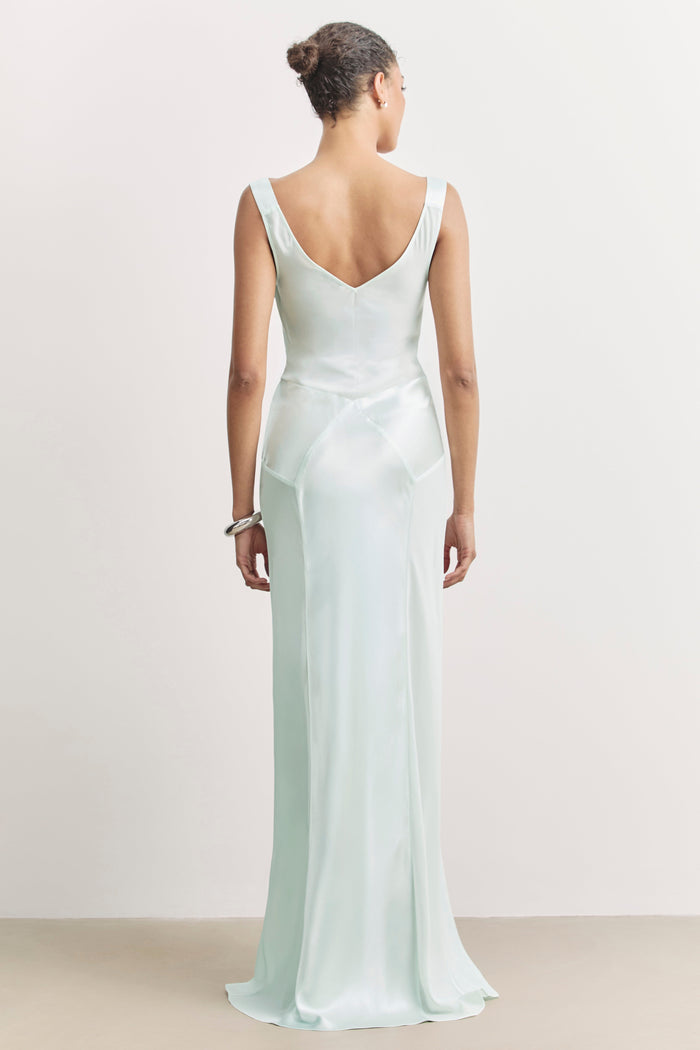 Sheer Chiffon Cowl Neck Satin Panel Gown - Mint