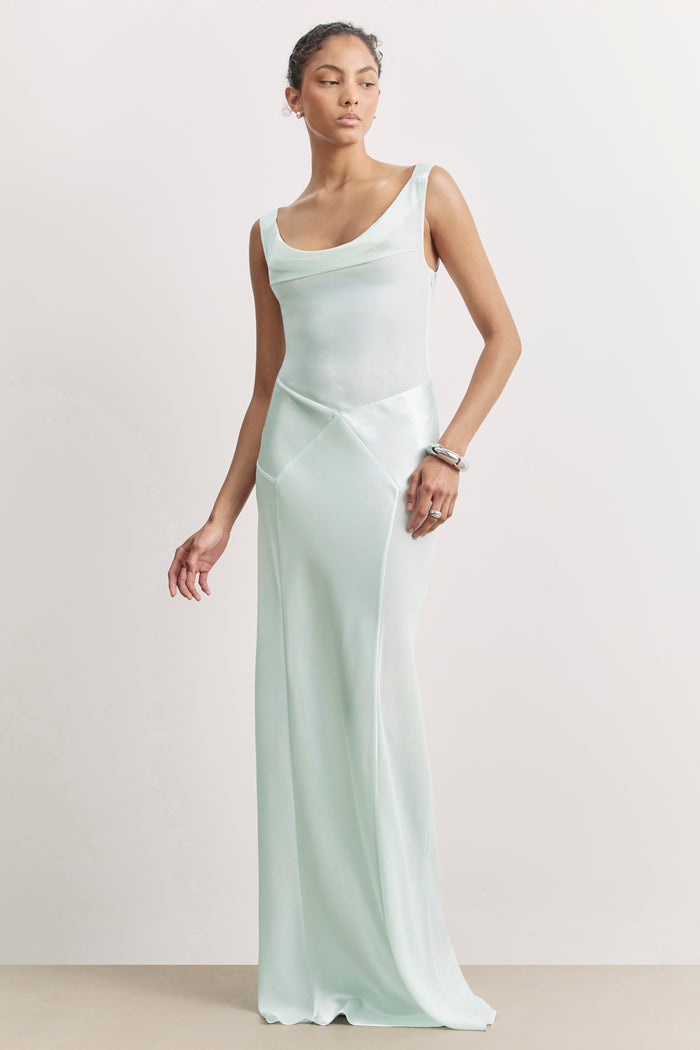 Sheer Chiffon Cowl Neck Satin Panel Gown - Mint
