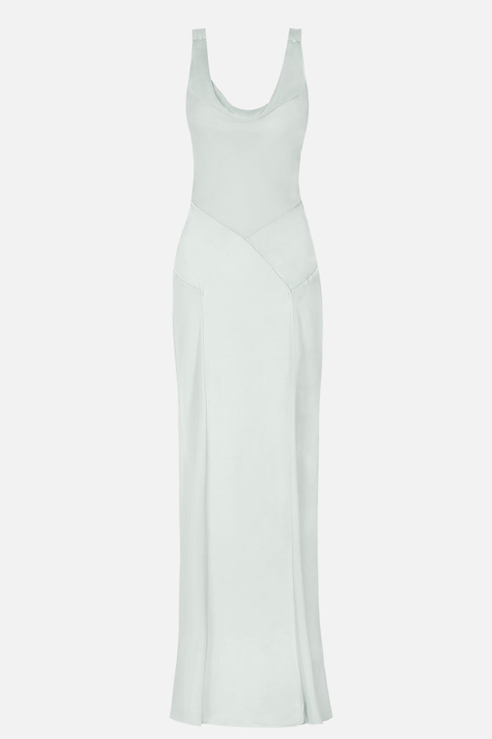 Sheer Chiffon Cowl Neck Satin Panel Gown - Mint