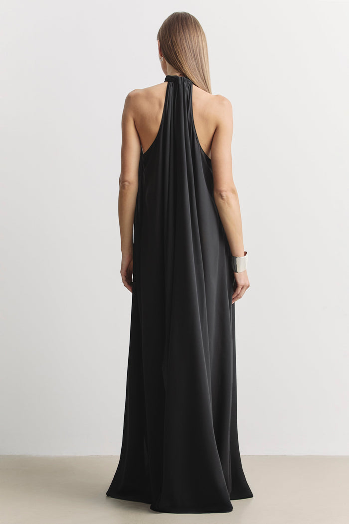 Sheer Chiffon High Neck Volume Maxi Dress - Black