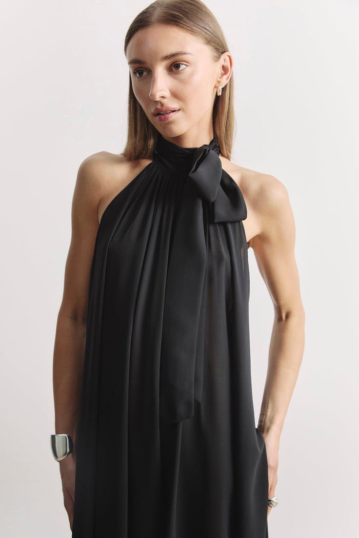 Sheer Chiffon High Neck Volume Maxi Dress - Black