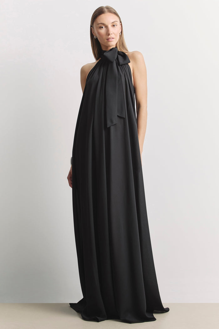 Sheer Chiffon High Neck Volume Maxi Dress - Black