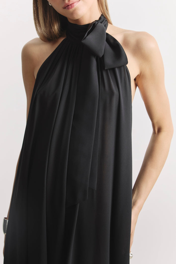 Sheer Chiffon High Neck Volume Maxi Dress - Black