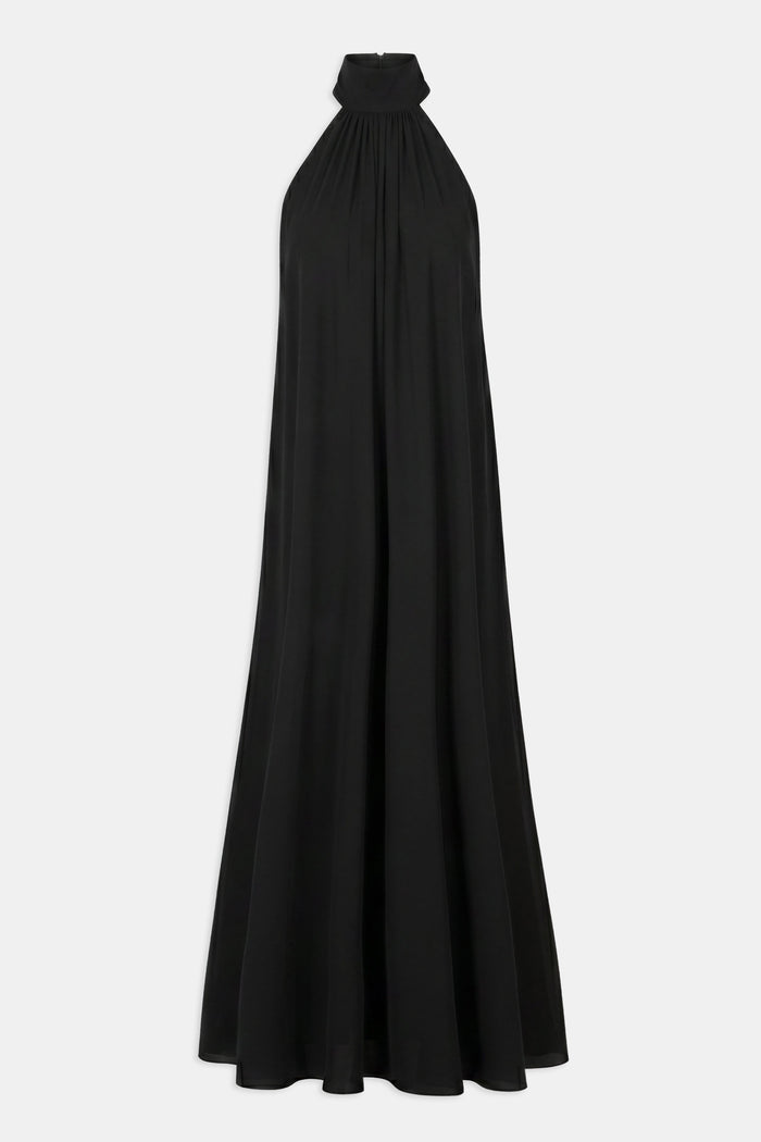 Sheer Chiffon High Neck Volume Maxi Dress - Black