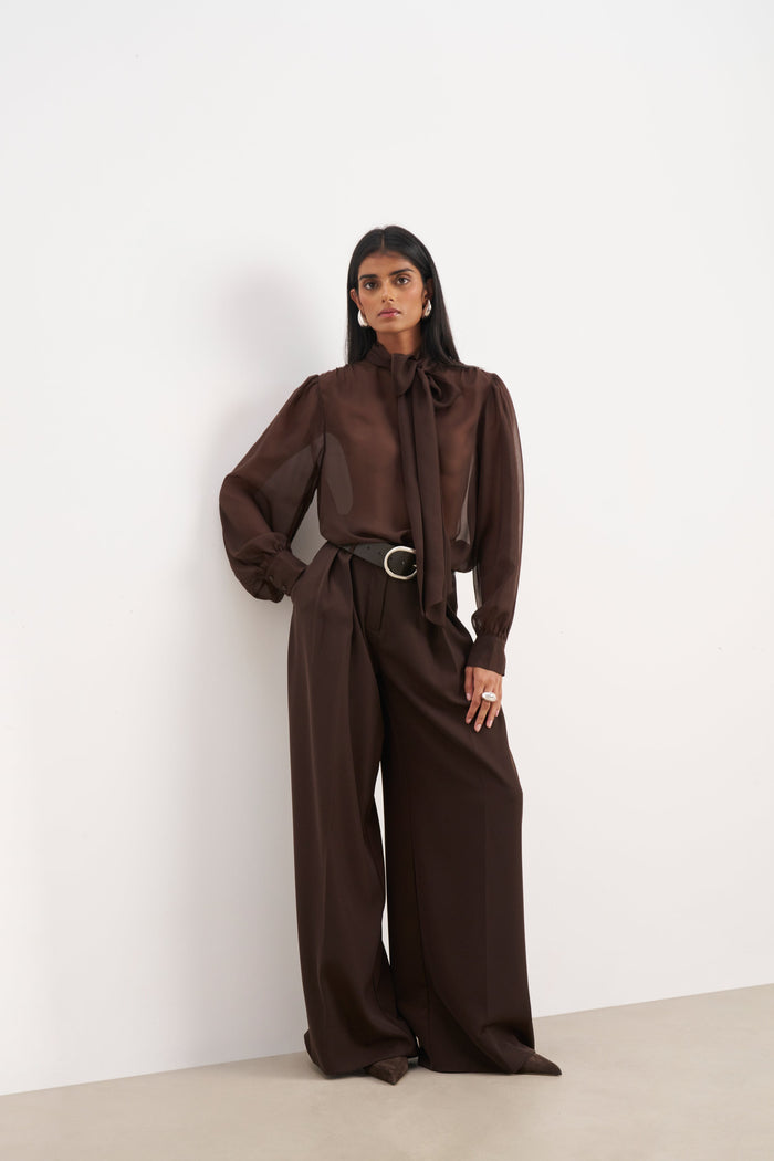 Sheer Chiffon Tie Neck Blouse - Carob