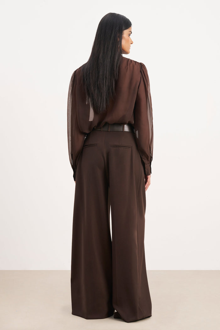 Sheer Chiffon Tie Neck Blouse - Carob