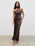 Lygia Is 5'9" & Wears Size UK 8|Sheree One Shoulder Sash Maxi Dress - Chocolate Brown