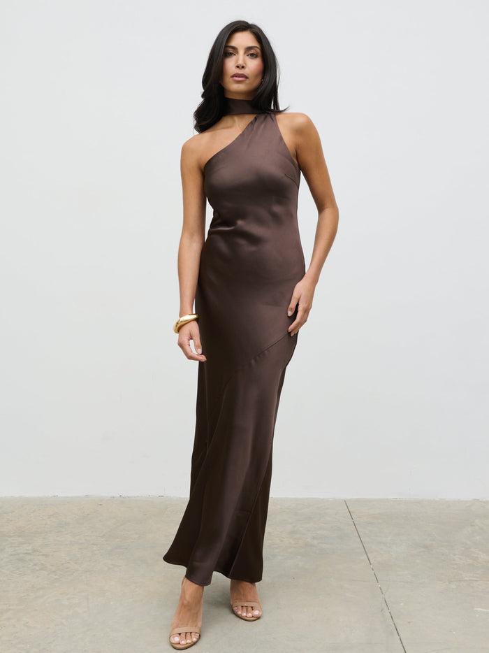 Lygia Is 5'9" & Wears Size UK 8|Sheree One Shoulder Sash Maxi Dress - Chocolate Brown