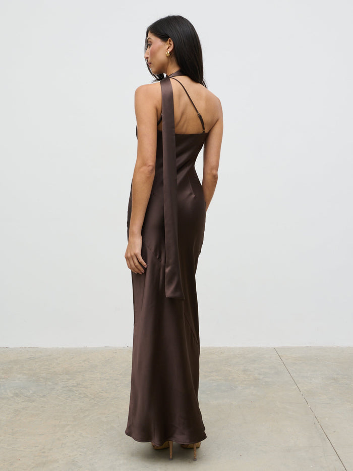Lygia Is 5'9" & Wears Size UK 8|Sheree One Shoulder Sash Maxi Dress - Chocolate Brown