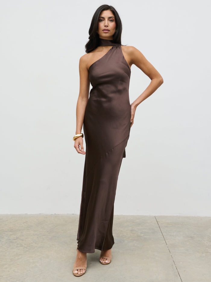 Lygia Is 5'9" & Wears Size UK 8|Sheree One Shoulder Sash Maxi Dress - Chocolate Brown