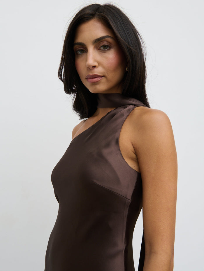 Lygia Is 5'9" & Wears Size UK 8|Sheree One Shoulder Sash Maxi Dress - Chocolate Brown
