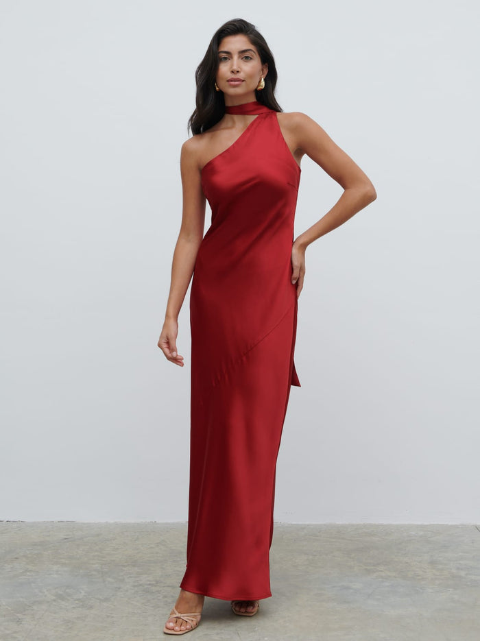 Lygia Is 5'9" & Wears Size UK 8|Sheree One Shoulder Sash Maxi Dress - Red