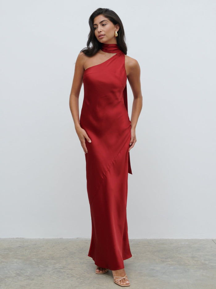 Lygia Is 5'9" & Wears Size UK 8|Sheree One Shoulder Sash Maxi Dress - Red