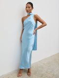 Elle Is 5'3" & Wears Size UK 6|Sheree One Shoulder Scarf Midaxi Dress - Sky Blue
