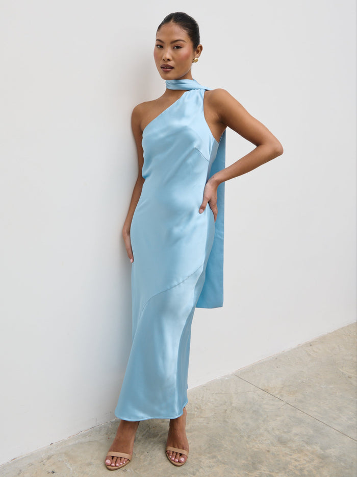 Elle Is 5'3" & Wears Size UK 6|Sheree One Shoulder Scarf Midaxi Dress - Sky Blue