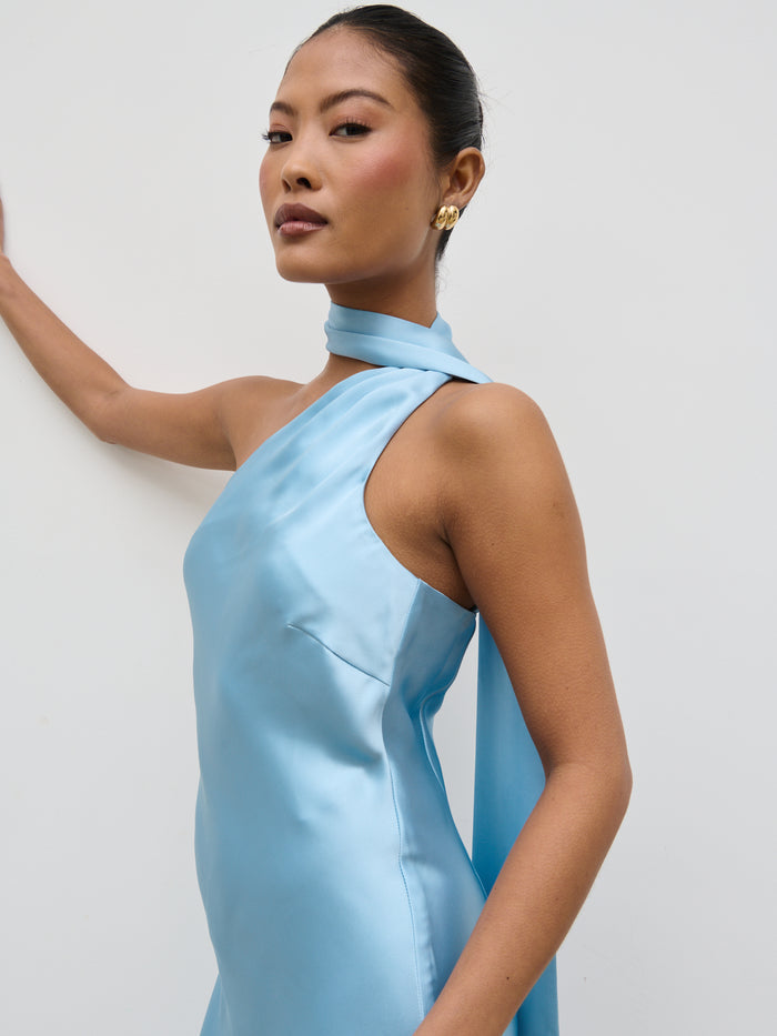 Elle Is 5'3" & Wears Size UK 6|Sheree One Shoulder Scarf Midaxi Dress - Sky Blue